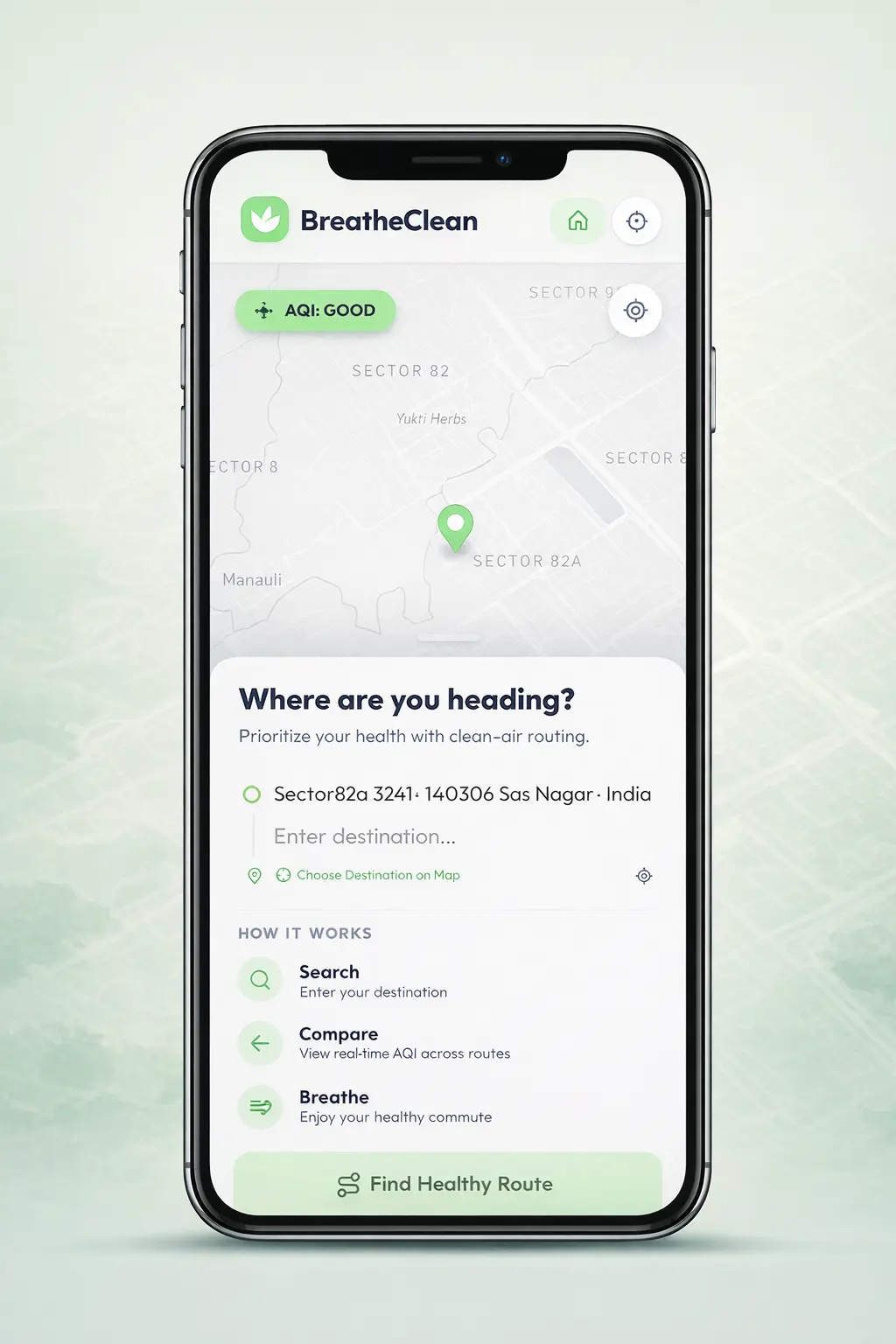 BreathClean app showing route comparison with Health Scores